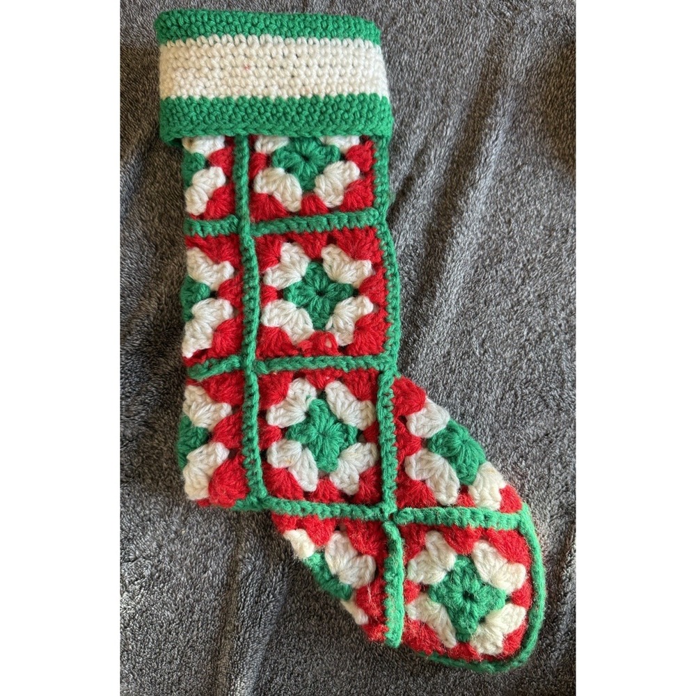 Crocheted Granny Square 24" Christmas Stocking Red, Green, White